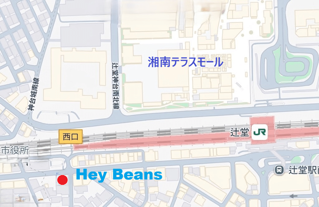辻堂駅西口とHey Beansの位置を示す記事掲載のアクセス地図